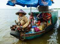 CAMBODIA, Siem Reap, Woman and small aquatic shop on Tonle Sap lake.