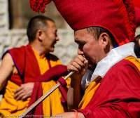 Monk blowing trumpet, Ladakh Festival, Leh, 2013