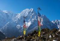 Paungi Himal (6538m) & Tibetan prayer flags, Manaslu Circuit trek, Nepal
