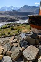 NEPAL. Mani stones (with carved Buddhist mantra) and chorten above Kali Gandaki River valley, Mustang.