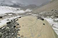 NEPAL. Glacial striae on stratified boulder on moraine in upper Honku valley, Makalu - Barun National Park.