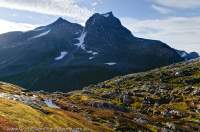 NORWAY, Northern fjords, Sunnmore Alps. Moss covered gneiss rock slabs, smoothed by past glaciation, Smorskretinden rising beyond.