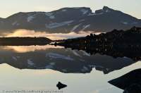 NORWAY, Oppland, Jotunheimen National Park. Dawn mist and mountain ridges, Snoholvatnet lake.