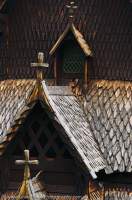 NORWAY, Sogn og Fjordane, Laerdal. Borgund stave church, built in 12th century & the best preserved (least altered) of this uniquely Norwegian type of building; roof & window detail.