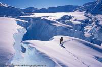 ANTARCTICA. Climber in crevasse field, Wiggins Glacier, Antarctic Peninsula.