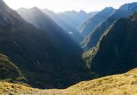 Dark River valley from Hunter Pass, Fiordland. Worsley valley to Milford Sound, NZ 2024