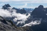 Wick Mtns and MacKinnon Pass from Nicholas peaks, Fiordland. Worsley valley to Milford Sound, NZ 2024