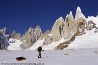 ARGENTINA, Patagonia. Granite spires of Cerro Torre and subsidiary peaks at head of Circo de los Altares.
