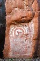 AUSTRALIA, Western Australia, West Kimberley. Wandjina (creator beings), rock art style painted during last 4000 years, in rock shelter on Bachsten Creek.