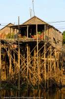 CAMBODIA, Siem Reap. Stilt houses at Chong Kneas; stilts allow for the dramatic wet-dry season fluctuations in level of Tonle Sap lake.