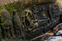 CAMBODIA, Siem Reap. Angkorian era (11th-12 century) carvings of lingas and Hindu gods in riverbed at Kbal Spean.