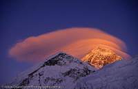 NEPAL, Himalaya, Mt Everest. Wind-formed clouds over the summit of Mt Everset at sunset.