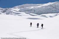 INDIA, Uttaranchal, Govind National Park. Ski mountaineers on glacier beneath Kalanag peak.