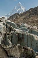 INDIA, Uttaranchal, Shivling (6543m) rises above Gangotri Glacier at Gaumukh, glacial source of Bhagirarthi River, main tributory of Ganges and destination of a Hindu pilgrimage.