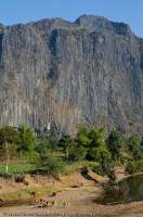 LAOS, Khammuan, Kong Lo. Limestone escarpment rises beyond