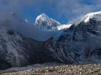 Peak above moraine-covered Larkya Glacier, Manaslu Circuit trek, Nepal